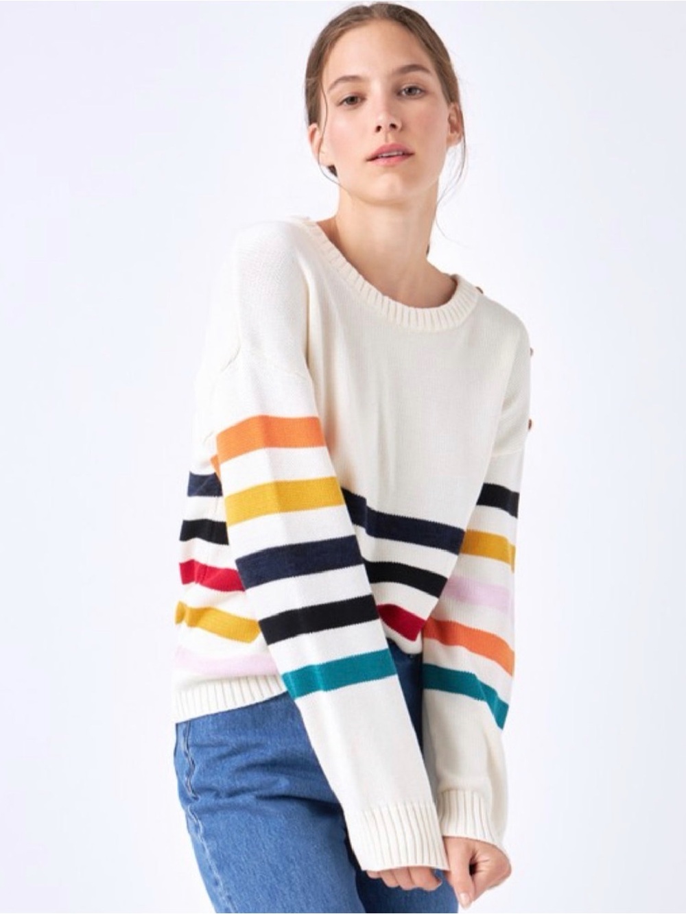 English Factory Cream Crewneck Sweater with Multicolor Stripes